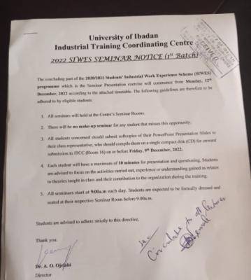 UI notice on SIWES seminar presentation