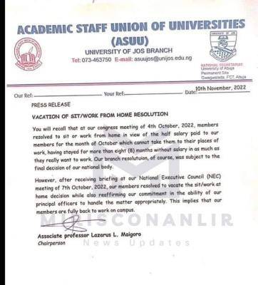 UNIJOS ASUU directs members to resume work