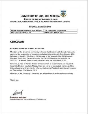 UNIJOS notice on resumption of academic activities