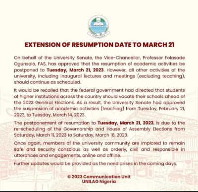 UNILAG reschedules resumption date