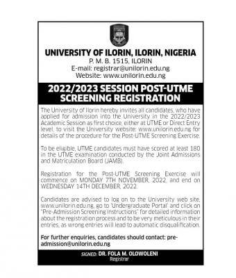 UNILORIN Post-UTME/DE 2022: cut-off mark, eligibility and registration details