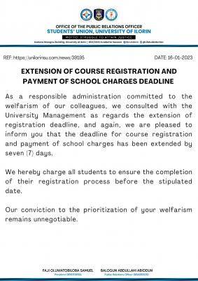 UNILORIN extends deadline for course registration and payment of school fees