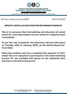 UNILORIN reschedules hostel allocation date