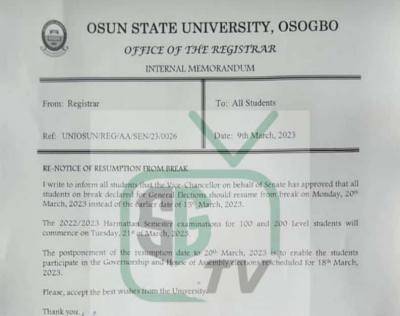 UNIOSUN notice of resumption from break