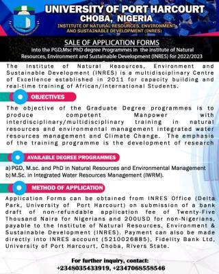 UNIPORT INRES graduate programme admission, 2022/2023