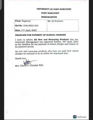 UNIPORT notice on deadline for payment of school charges