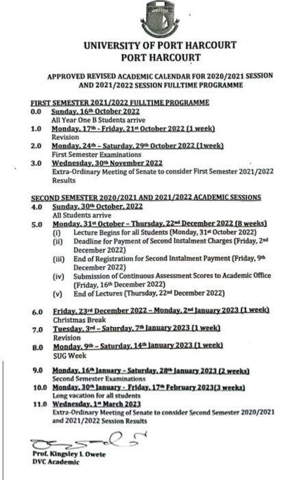 UNIPORT's reviewed academic calendar for 2020/2021 and 2021/2022 sessions