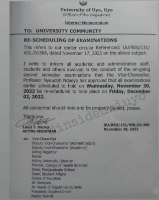 UNIUYO reschedules examinations scheduled to hold Nov 30th