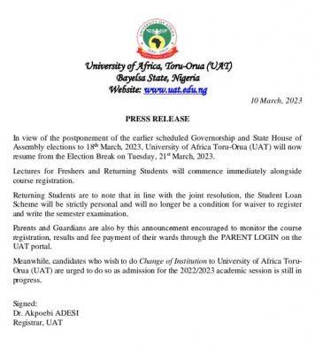 University of Africa Toru-Orua (UAT) notice on resumption