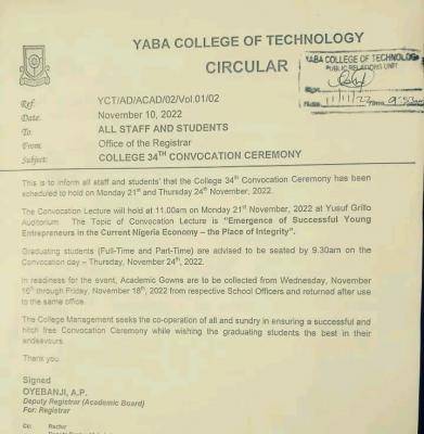 YABATECH announces 34th Convocation Ceremony