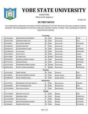 YSU Direct Entry 1st Batch Admission List 2021/2022