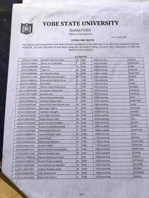 YSU UTME/DE Admission List,2022/2023 now on school's noticeboard