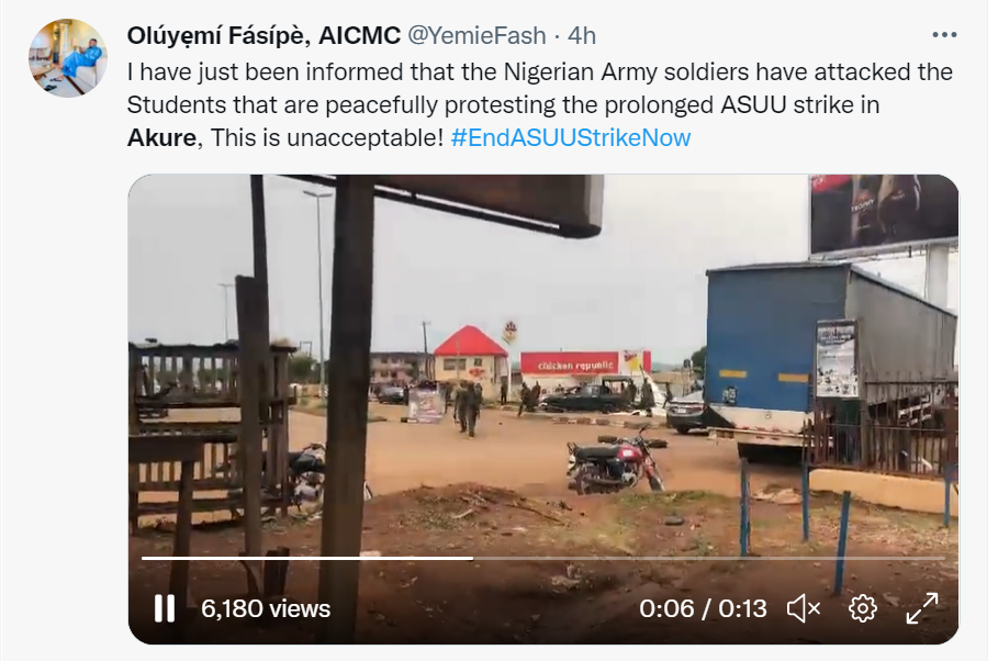 Soldiers accused of shooting at students protesting against ASUU strike in Akure to disperse them (videos)