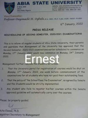 ABSU reschedules 2nd semester examination, 2020/2021