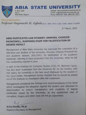 ABSU rusticates law student; Onwuka Chikezie Princewill, suspends staff for falsification of result