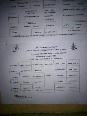 ABU Remedial Lectures Timetable, 2021/2022