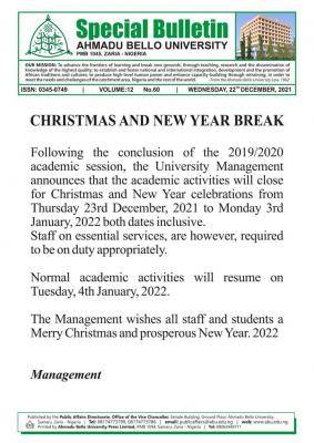 ABU announces Christmas and new year break