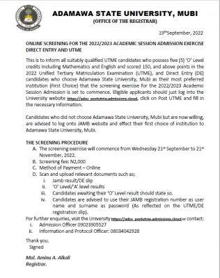 ADSU Post-UTME/DE 2022: cut-off mark, eligibility and registration details