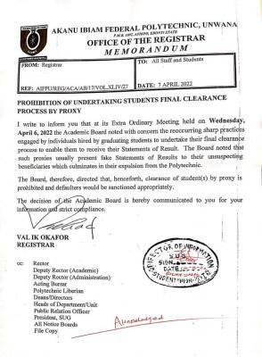 AIFPU prohibit undertaking students final clearance process by proxy