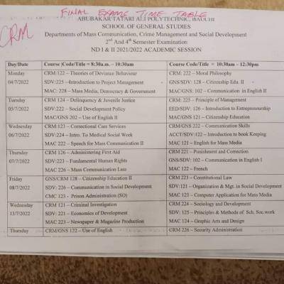 ATAP 2nd/4th semester examination timetable, 2021/2022