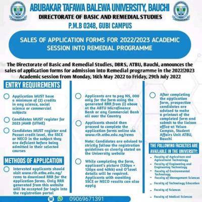 ATBU Remedial admission form, 2022/2023