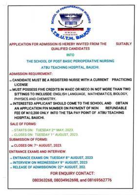 ATBU Teaching Hospital admission into School of Perioperative Nursing, 2023/2024