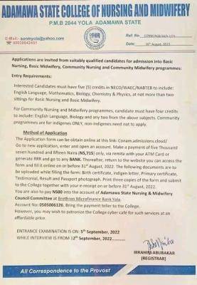 Adamawa State College of Nursing and Midwifery admission form (Stream B Edition)