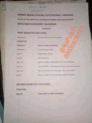 Akanu Ibiam Fed Poly academic calendar, 2021/2022