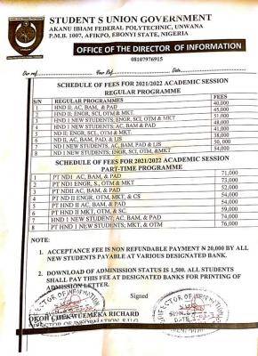 Akanu Ibiam Fed Poly schedule of fees for 2021/2022 Session.