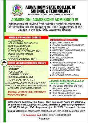 Akwa Ibom State College Of Science and Technology ND/HND admission forms, 2022/2023