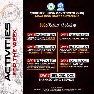 Akwa Poly SUG week schedule of events, 2022