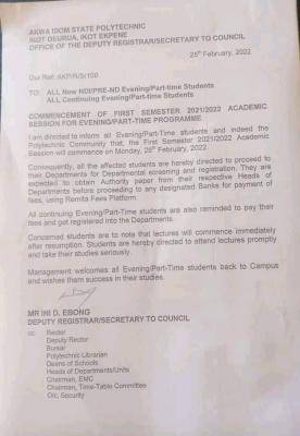 Akwa Poly notice on commencement of 1st semester 2021/2022 session for evening/part-time programme