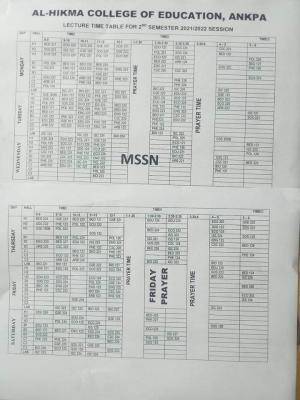 Al-Hikmah College of Education 2nd semester lectures timetable, 2021/2022