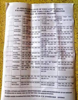 Al-Hikmah College of Education second semester examination timetable, 2021/2022