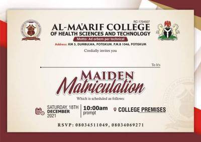 Al-Ma'arif College of Health Science Maiden Matriculation Ceremony