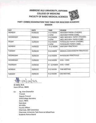 Ambrose Alli University MBBS exam time table, 2019/2020