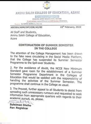 Aminu Saleh COE continuation of summer semester in the College