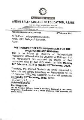 Aminu Saleh COE postpones resumption of undergraduate students