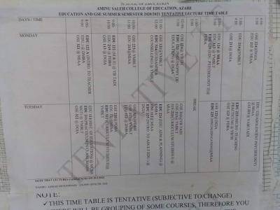 Aminu saleh COE summer semester lectures timetable, 2020/2021