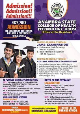 Anambra State College of Health Technology, Obosi admissions, 2022/2023