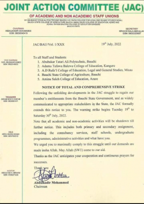Bauchi State Higher Institutions begins warning strike