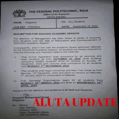 Bida Poly notice on resumption for 2022/2023 session