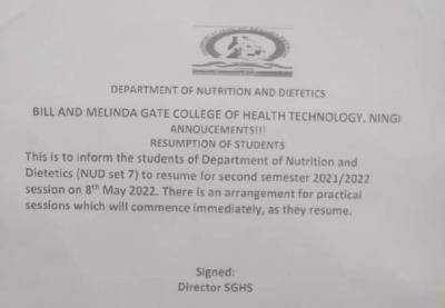 Bill and Melinda College of Health Resumption date for Nutrition & Dietetics Students