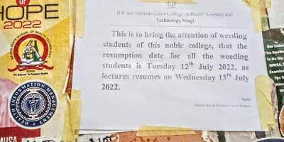 Bill and Melinda Gate College of Health Resumption Date for weeding Students