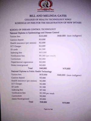 Bill and Melinda Gates College of Health Technology, Ningi schedule of fees for new intakes