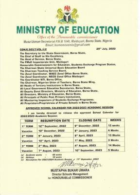 Borno State academic calendar for Primary and secondary schools, 2022/2023