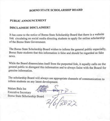 Borno State scholarship Board disclaimer notice