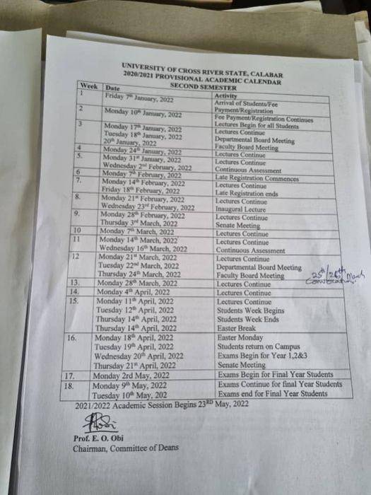 CRUTECH 2nd semester academic calendar, 2020/2021