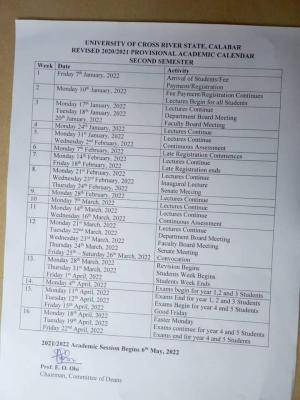 CRUTECH 2nd semester updated academic calendar, 2020/2021