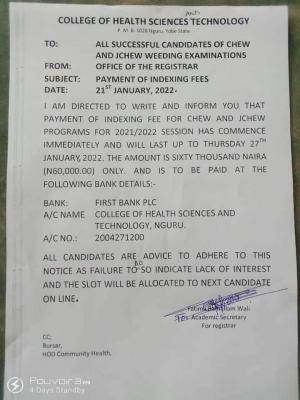 College of Health, Nguru notice on payment of indexing fee